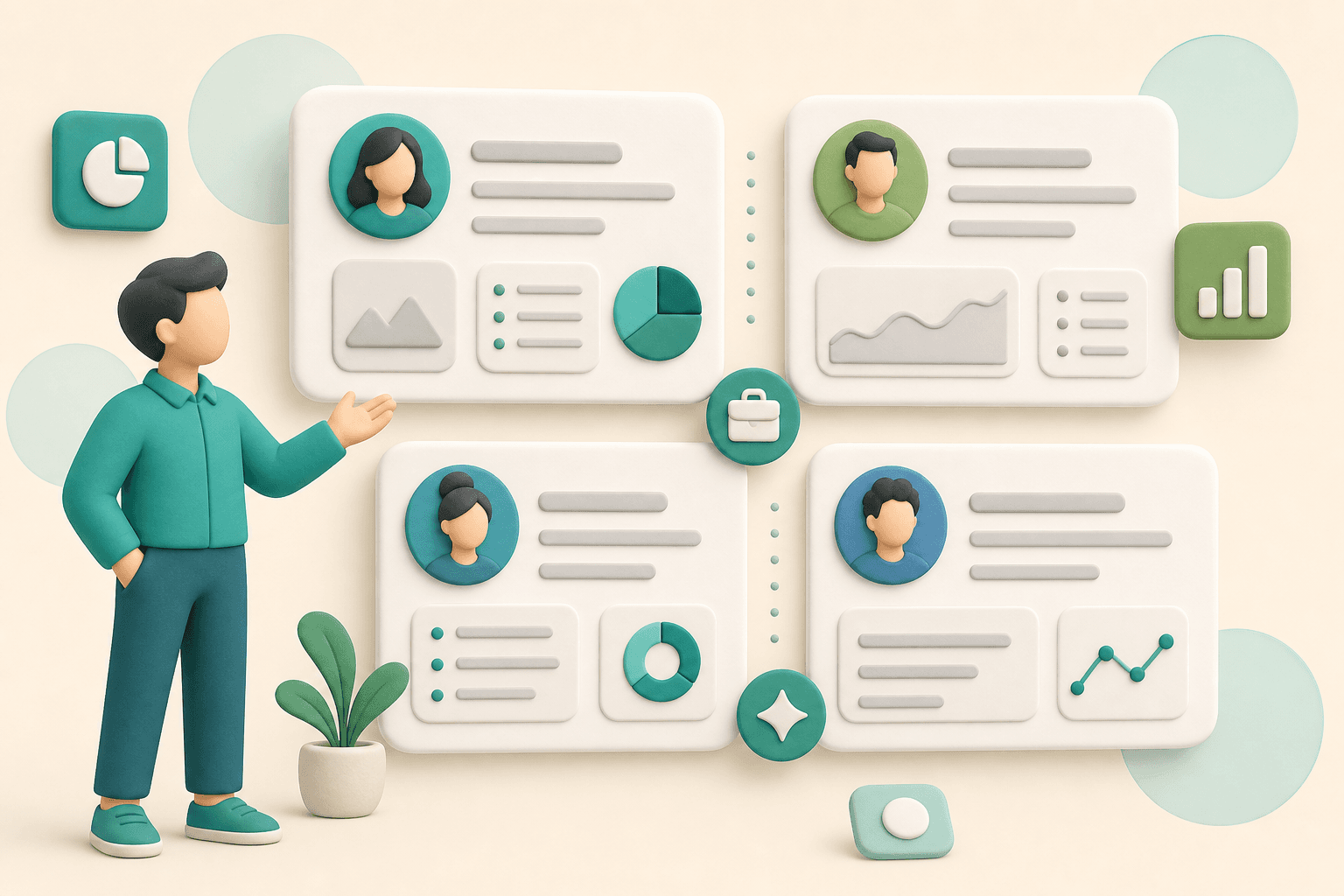 Illustratie: meerdere klantworkspaces in één overzicht voor marketingbureaus