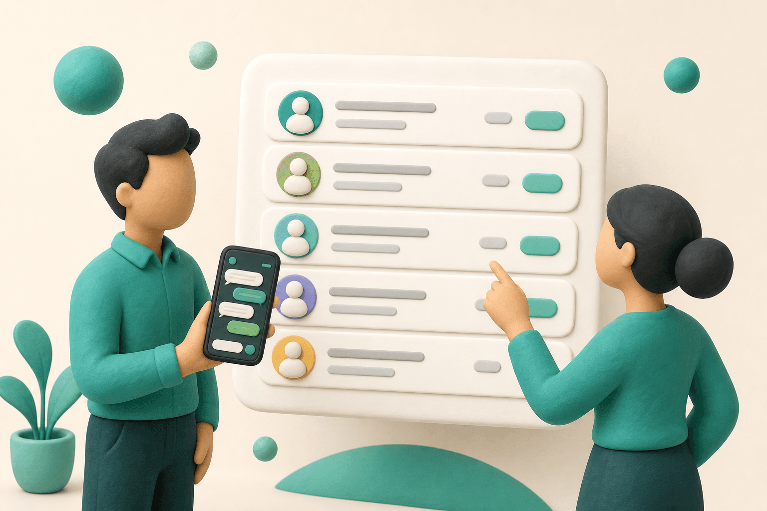 Illustratie: klein sales- en serviceteam dat leads opvolgt via een gedeeld dashboard