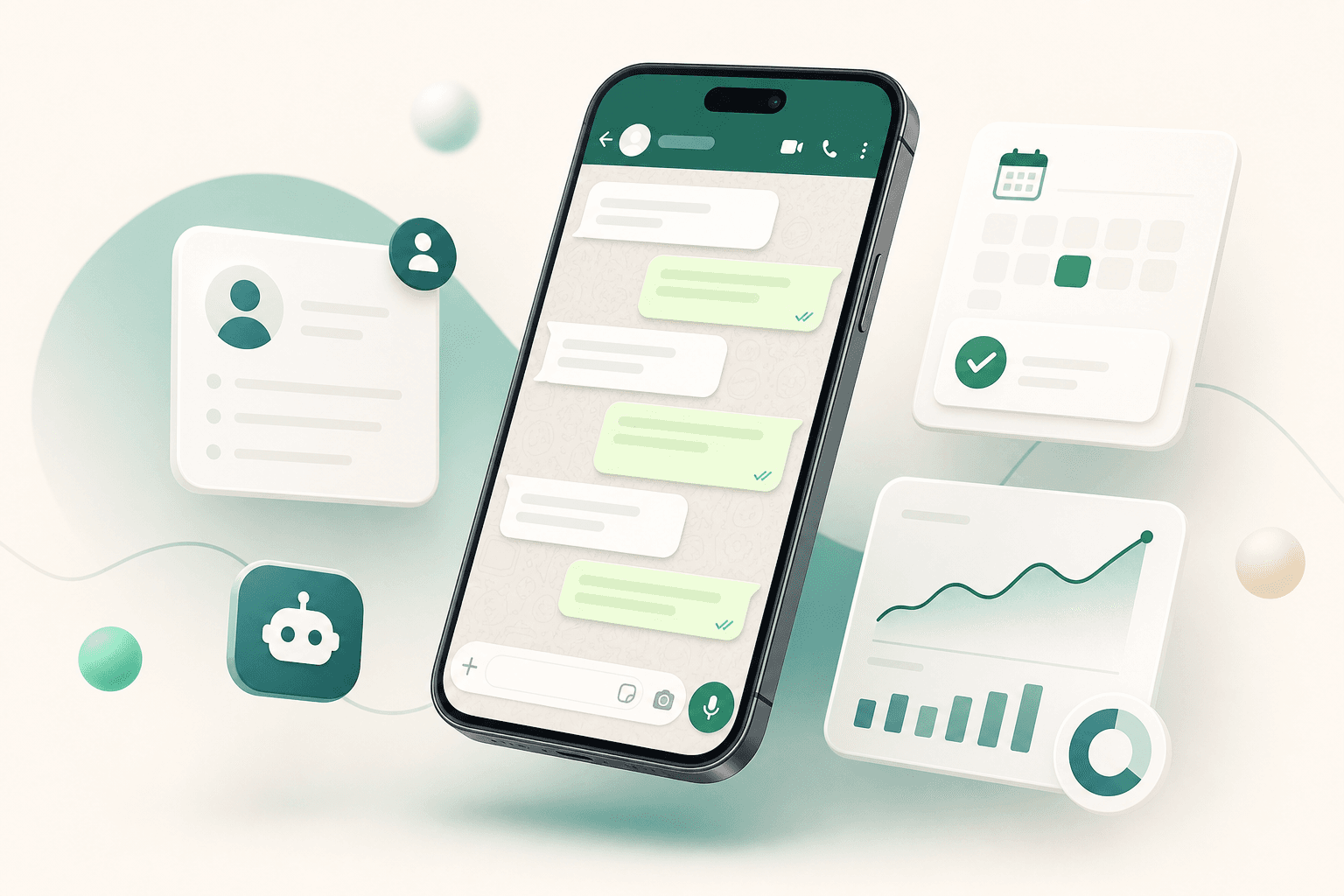 Illustratie: telefoon met een WhatsApp-gesprek met een lead, omringd door leadprofiel-, agenda- en analyticskaarten